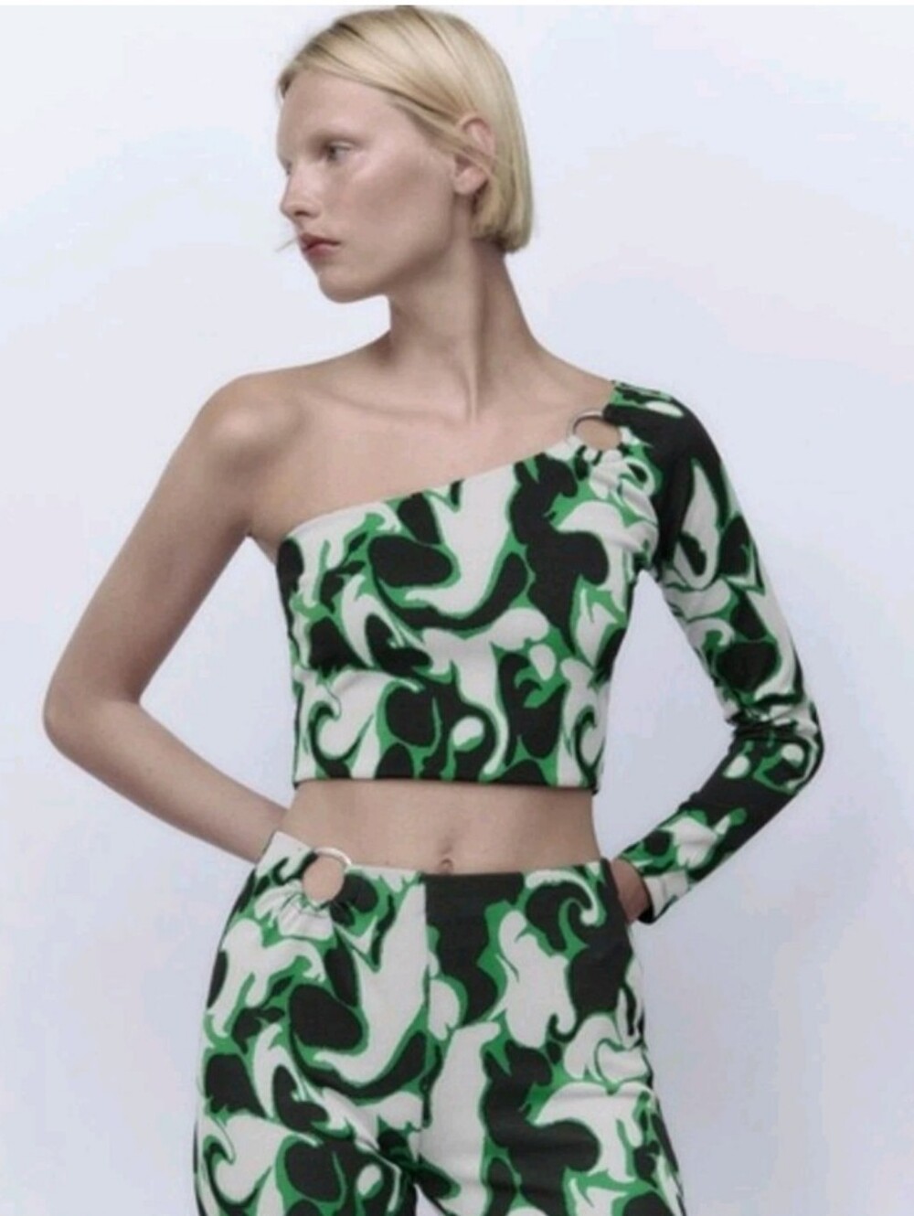 NWT Zara Floral Jacquard One Shoulder Cropped Top Silver Ring Accent Mod M